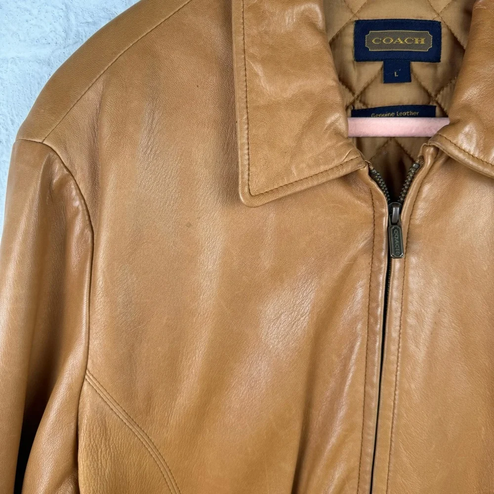Coach Genuine Leather Jacket Tan Brown Quilted Lined Zip Front Size L